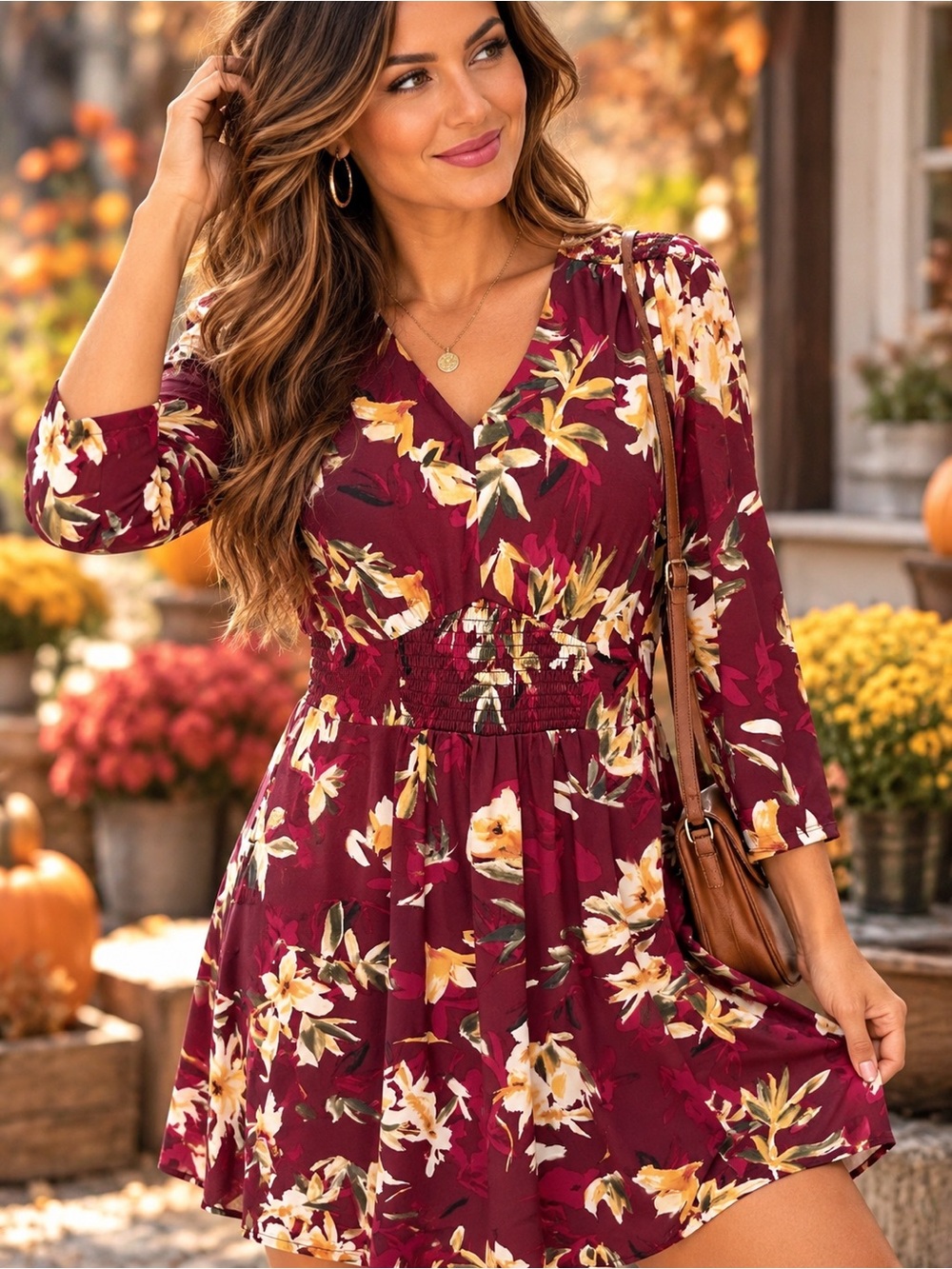 Maggie London Petite Burgundy Floral Smocked Waist Dress — US 8P